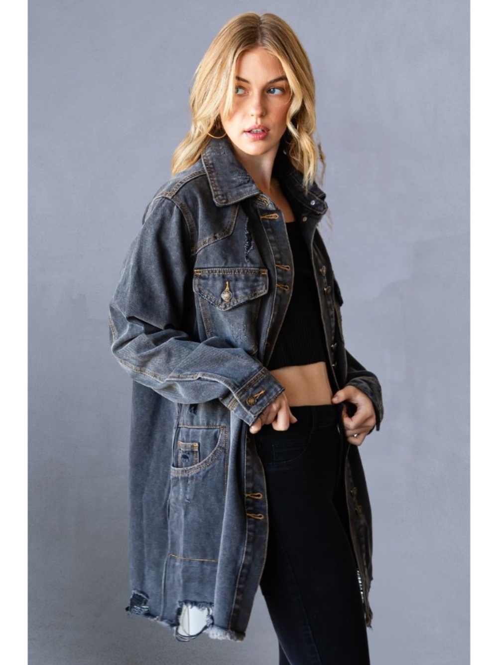 Denim Distressed Oversized Black Jacket- NWOT - Picture 5 of 6
